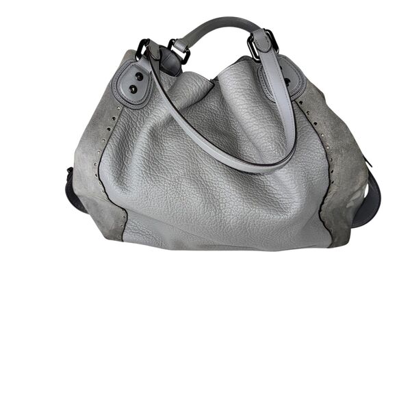 Coach Edie Shoulder Bag Rivets Gray Embossed Leather Suede 32988 - Picture 1 of 9